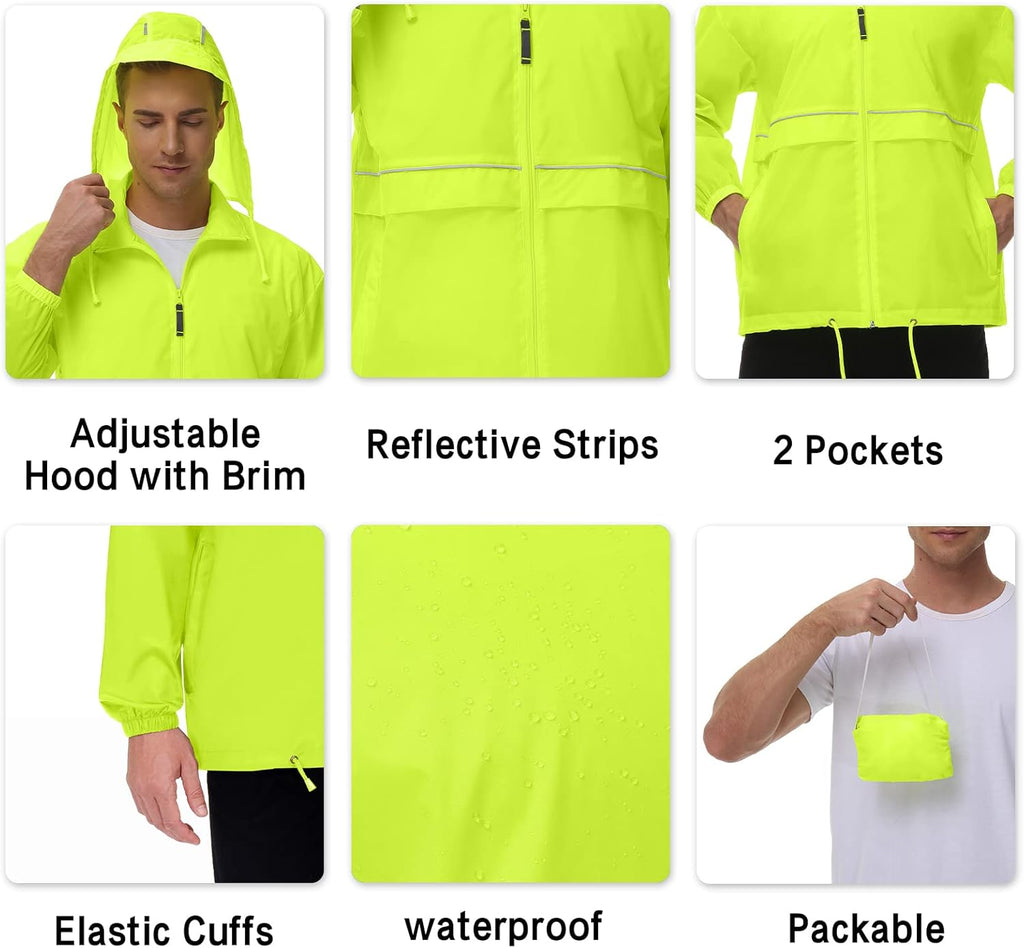 Men'S Rain Jacket Cycling Running Jackets Waterproof Raincoat with Hood Windbreaker Hiking Jacket Rain Coat