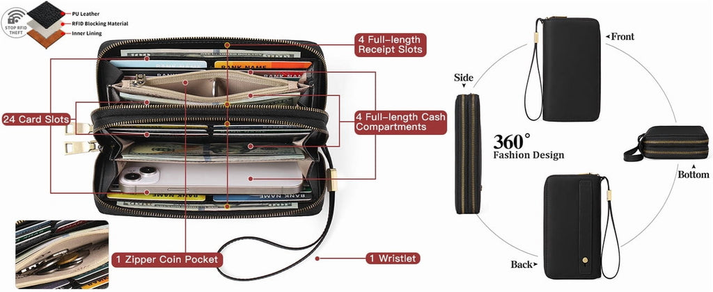 Wallet for Women Clutch RFID Blocking Wristlet Leather Purse Large Capacity Credit Card Holder with Grip Hand Strap