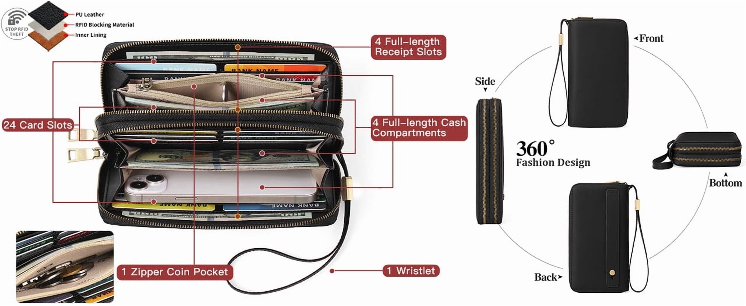 Wallet for Women Clutch RFID Blocking Wristlet Leather Purse Large Capacity Credit Card Holder with Grip Hand Strap