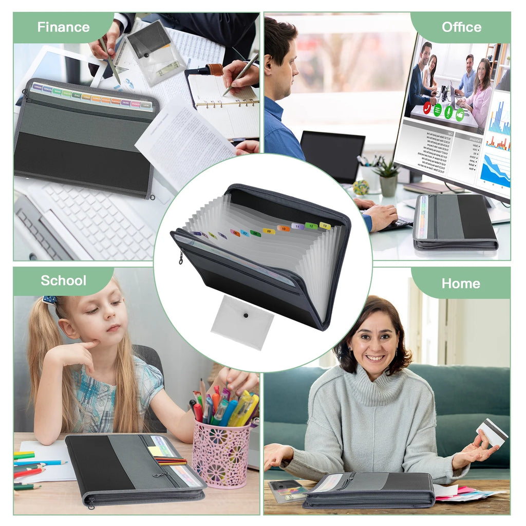 Accordion File Organizer with Zipper 13-Pocket, A7 Transparent Document Bag, Waterproof Document Storage for Home, Office, School