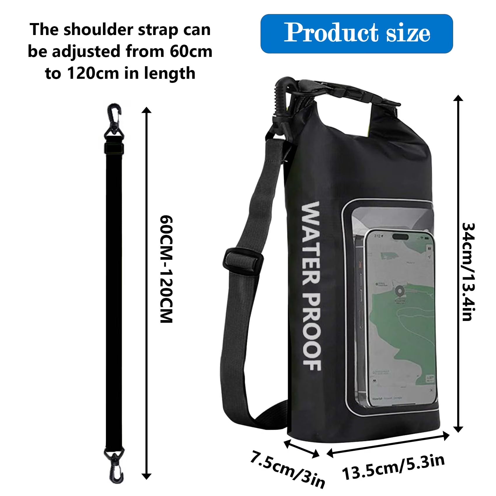 Waterproof Bag with Built-In Phone Pouch, 2L Dry Bag Roll Top Waterproof Phone Bag for Kayaking, Boating, Rafting, Beach