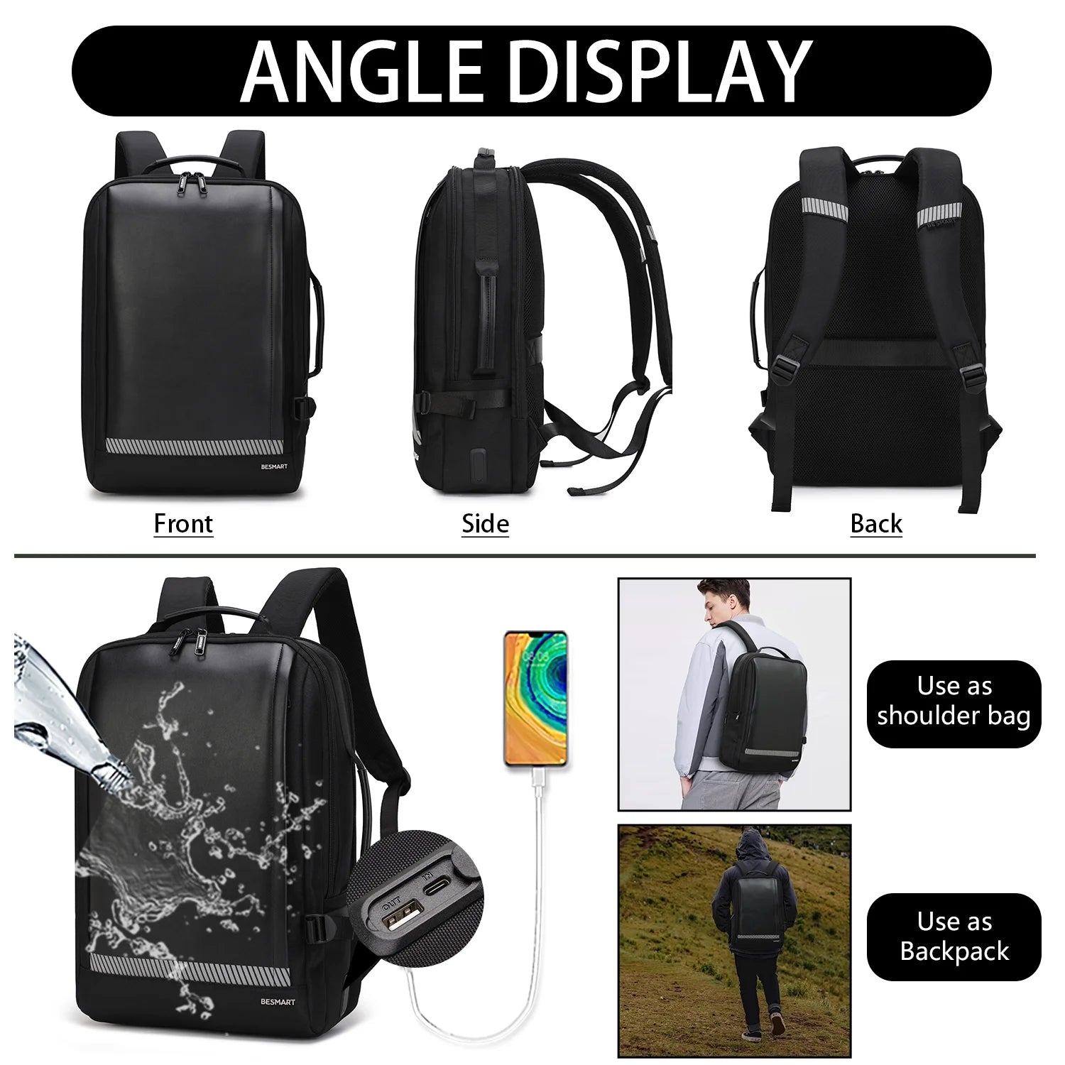 BE SMART Waterproof Expandable Laptop Backpack with Type-C/Usb Charging Port & Trolley Sleeve, Shockproof 15.6 Inch Computer Bag for Men Women, Boarding Casual Daypack for Travel/Business/Work, Black