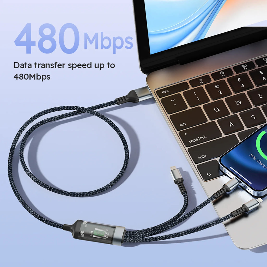 100W 3-In-1 USB Charger Cord Cell Phone Charging Cable Fast Charging Data Cable, Black