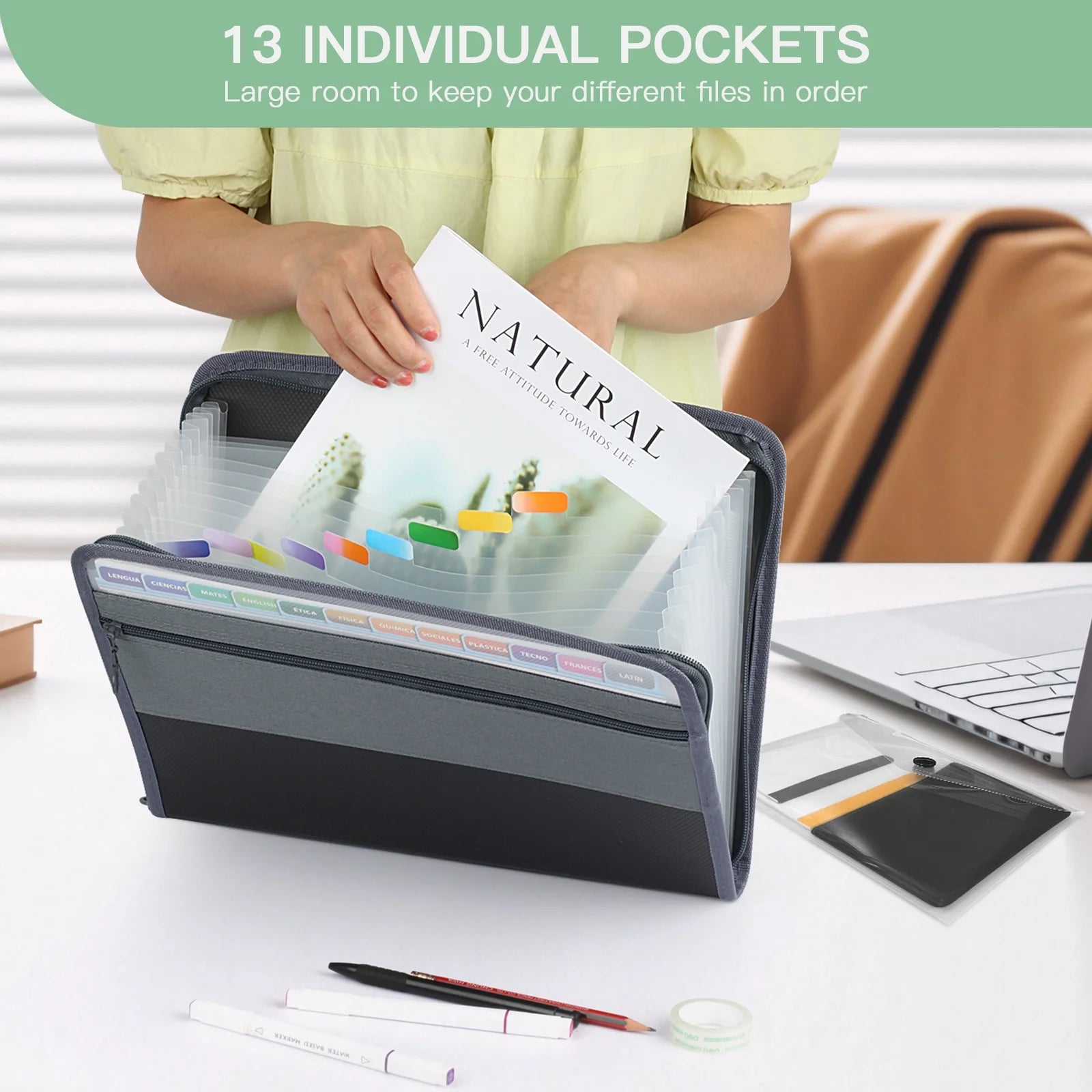 Accordion File Organizer with Zipper 13-Pocket, A7 Transparent Document Bag, Waterproof Document Storage for Home, Office, School