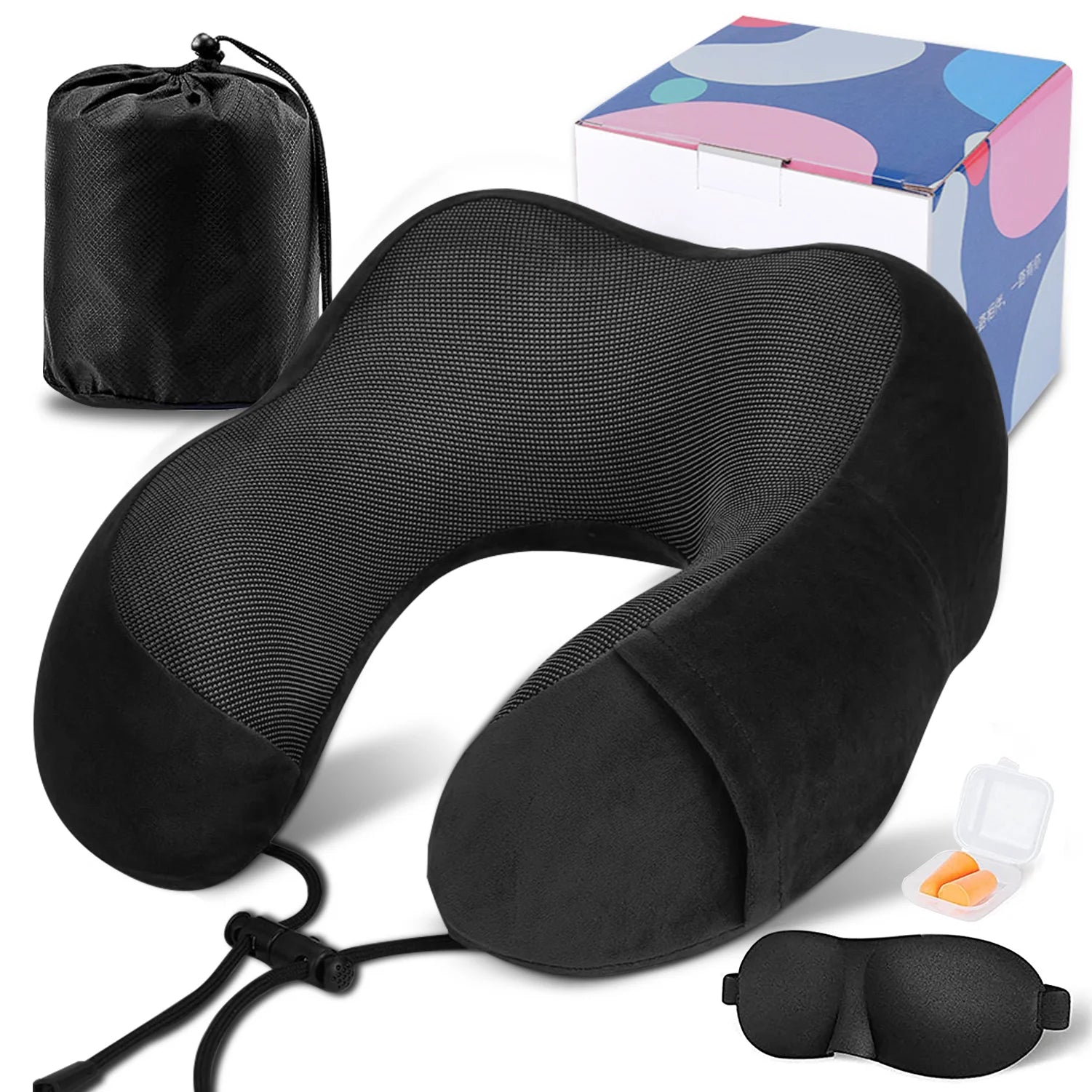 Travel Pillow for Adults Memory Foam Neck Pillows for Sleeping on Airplane Lightweight Black