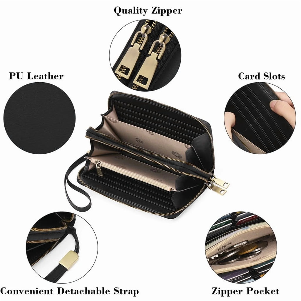 Wallet for Women Clutch RFID Blocking Wristlet Leather Purse Large Capacity Credit Card Holder with Grip Hand Strap
