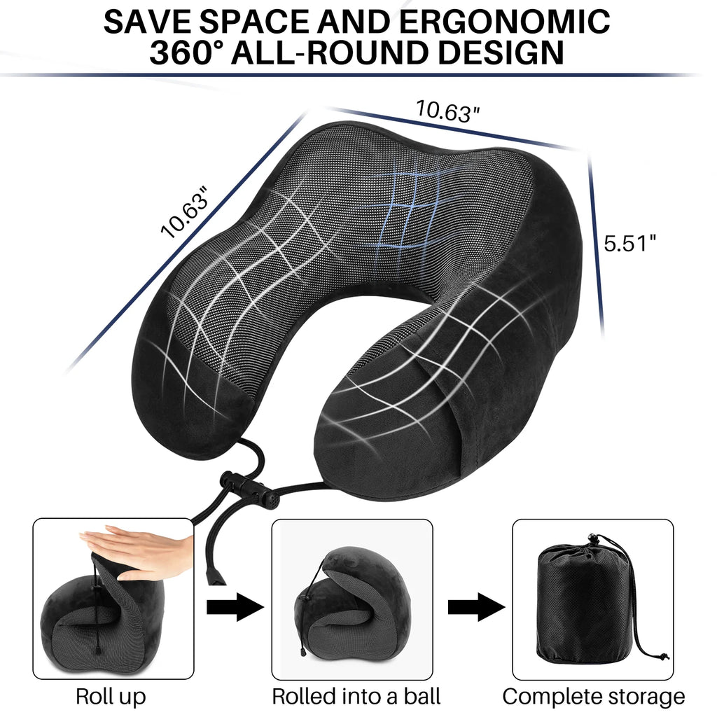 Travel Pillow for Adults Memory Foam Neck Pillows for Sleeping on Airplane Lightweight Black