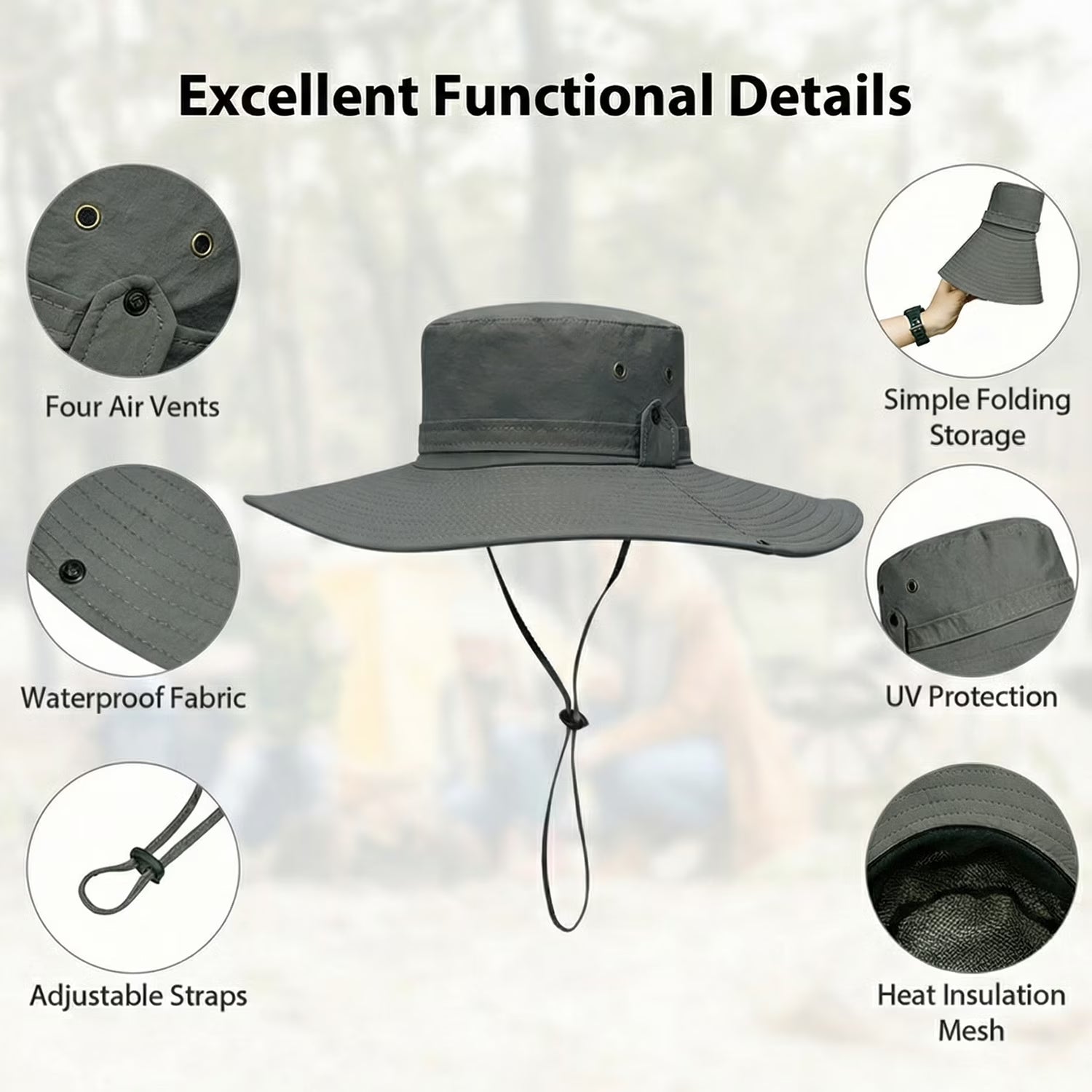 Sun Hat for Men Sun Protection Wide Brim Bucket Hat Waterproof Breathable Packable Boonie Hat for Fishing Grey