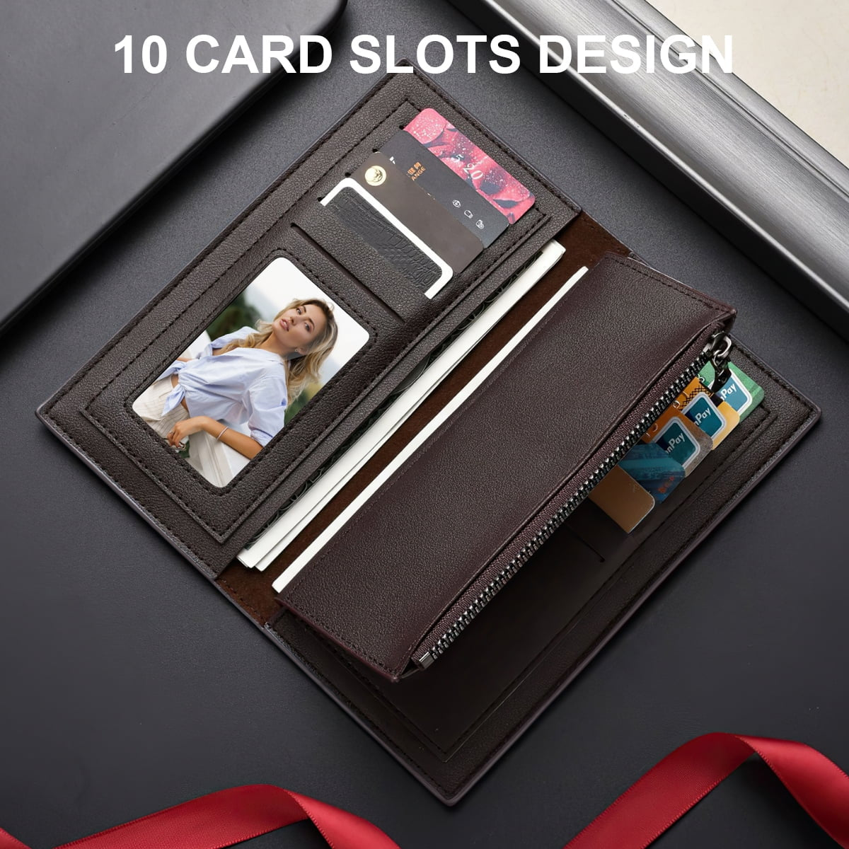 Long Wallet for Men, RFID Blocking Bifold Leather Wallet, Men'S Long Slim Wallet with ID Window and Multiple Card Slots