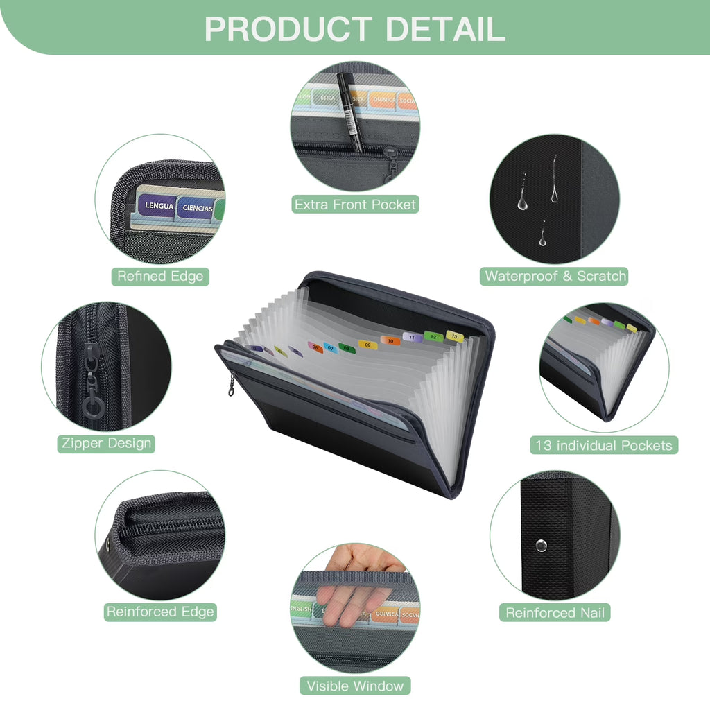 Accordion File Organizer with Zipper 13-Pocket, A7 Transparent Document Bag, Waterproof Document Storage for Home, Office, School