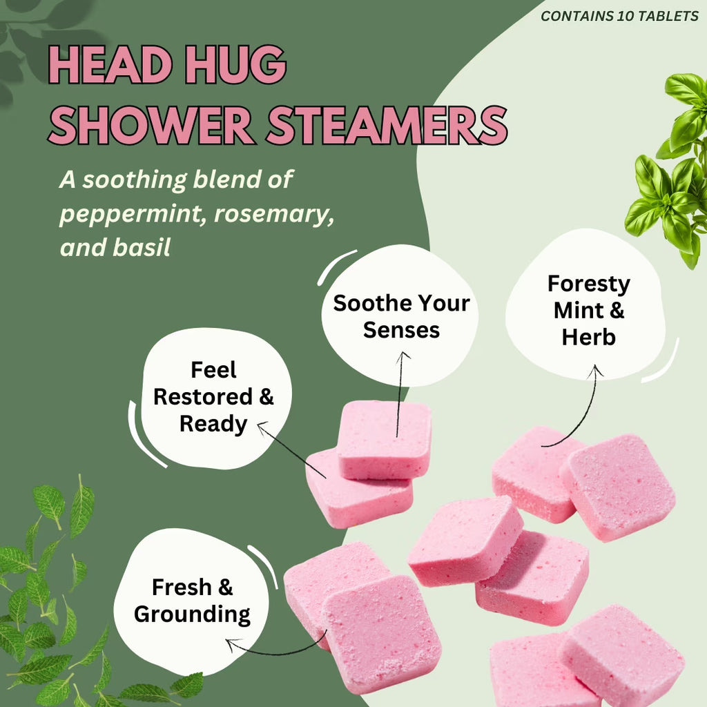 Head Hug Shower Steamers Aromatherapy for Relief - USA Made Valentines Day Gift for Her and Him - Peppermint & Rosemary Shower Bomb Tablets - Soothing Natural Essential Oils (10 Pack)