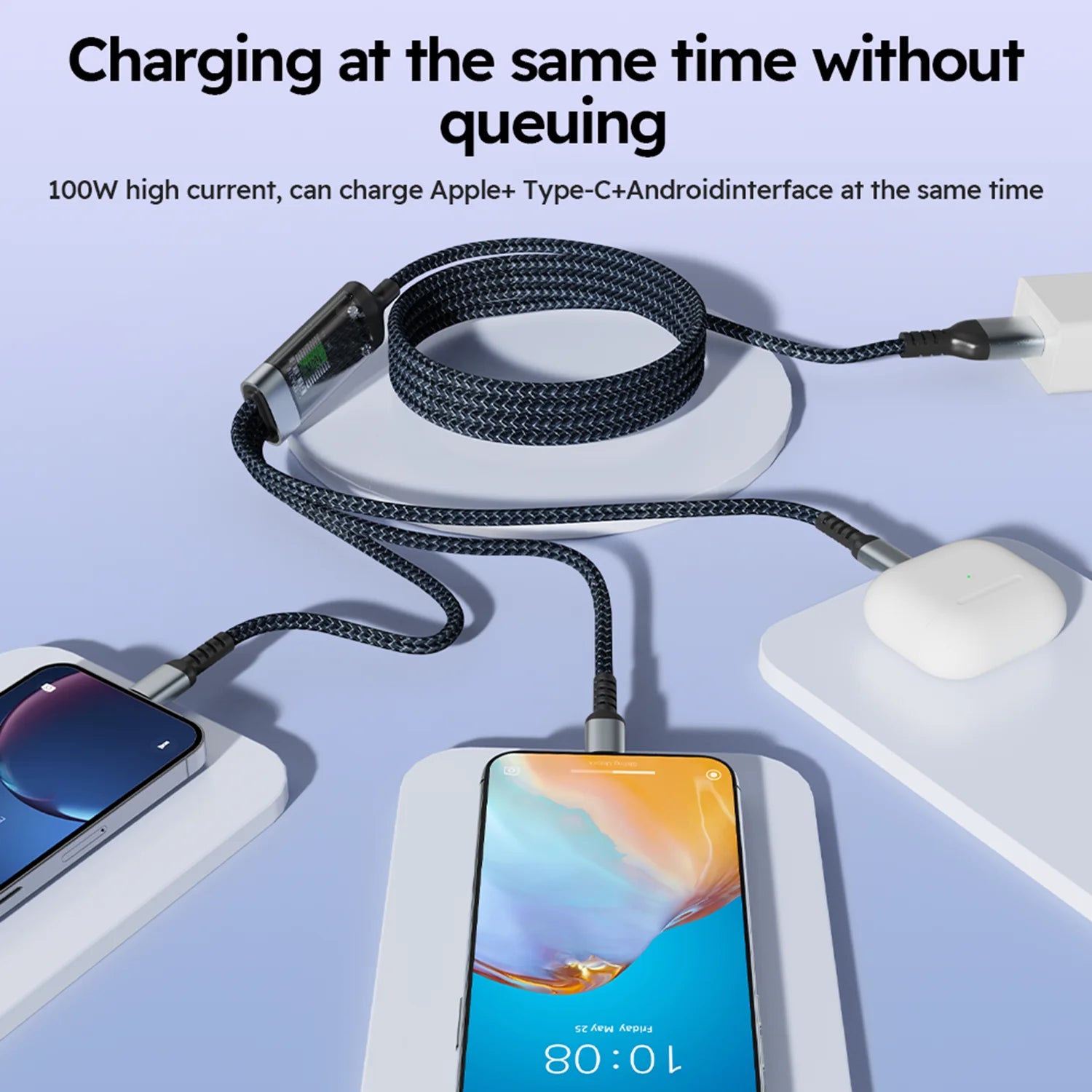 100W 3-In-1 USB Charger Cord Cell Phone Charging Cable Fast Charging Data Cable, Black