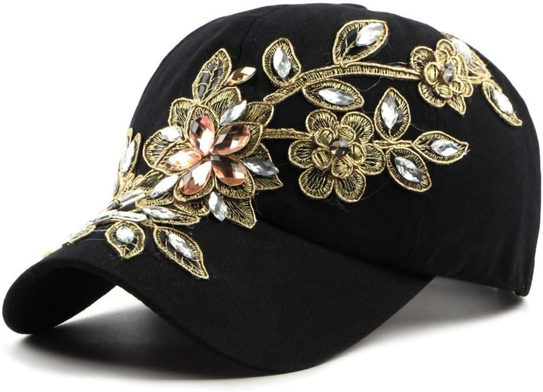 Bling Women Baseball Cap Flower Snapback Rhinestone Sun Hats Adjustable Denim Jeans Hat
