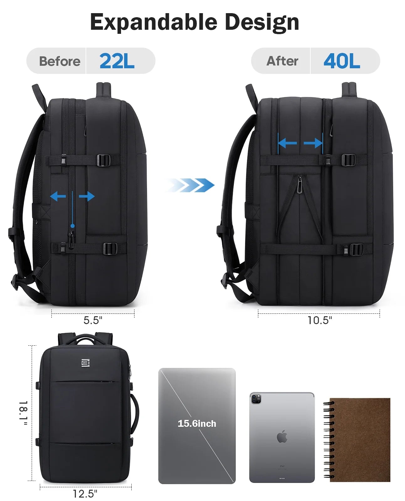 Travel Backpack with USB Charging Port 40L Expandable 17 Inch Carry on Backpack Water-Resistant Work Business Laptop Backpack for Men