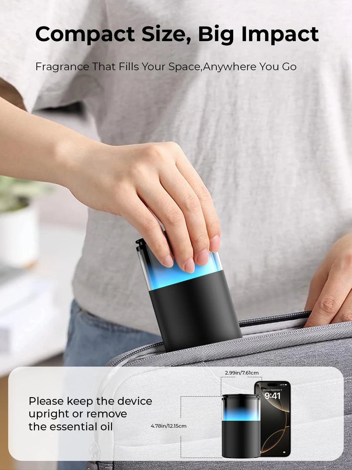Waterless Essential Oil Diffuser, Cordless Aromatherapy Oil Diffuser with 3 Mist Level 8 Colors - Rechargeable Portable Scent Diffuser - Cool Mist Humidifier for Home Car Office