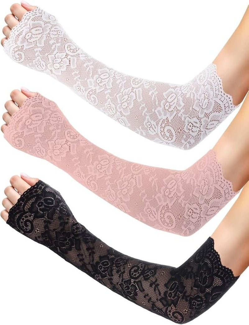 3 Pairs Women Lace Arm Sleeves Long Lace Gloves Fingerless Arm Covers Warmers