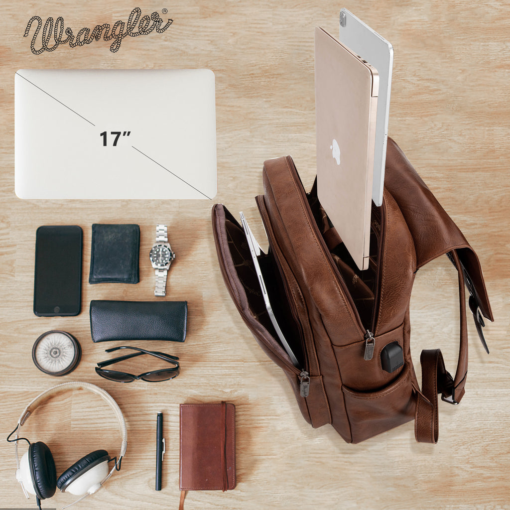 Wrangler Leather Backpack Purse for Women Laptop Backpack Fashion Pink Backpack, Dark Brown
