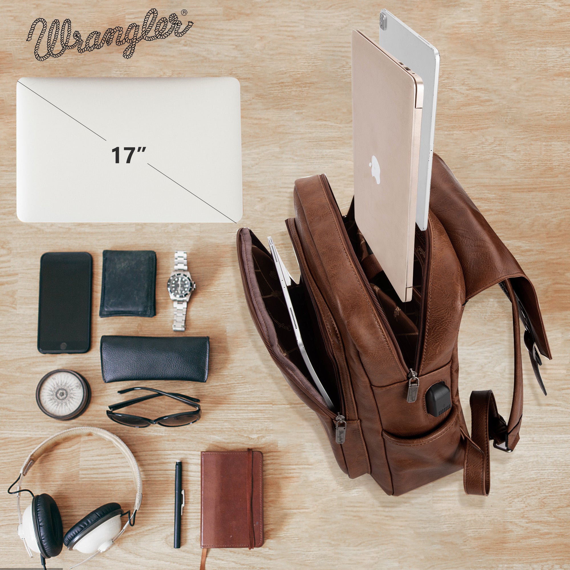 Wrangler Leather Backpack Purse for Women Laptop Backpack Fashion Pink Backpack, Dark Brown