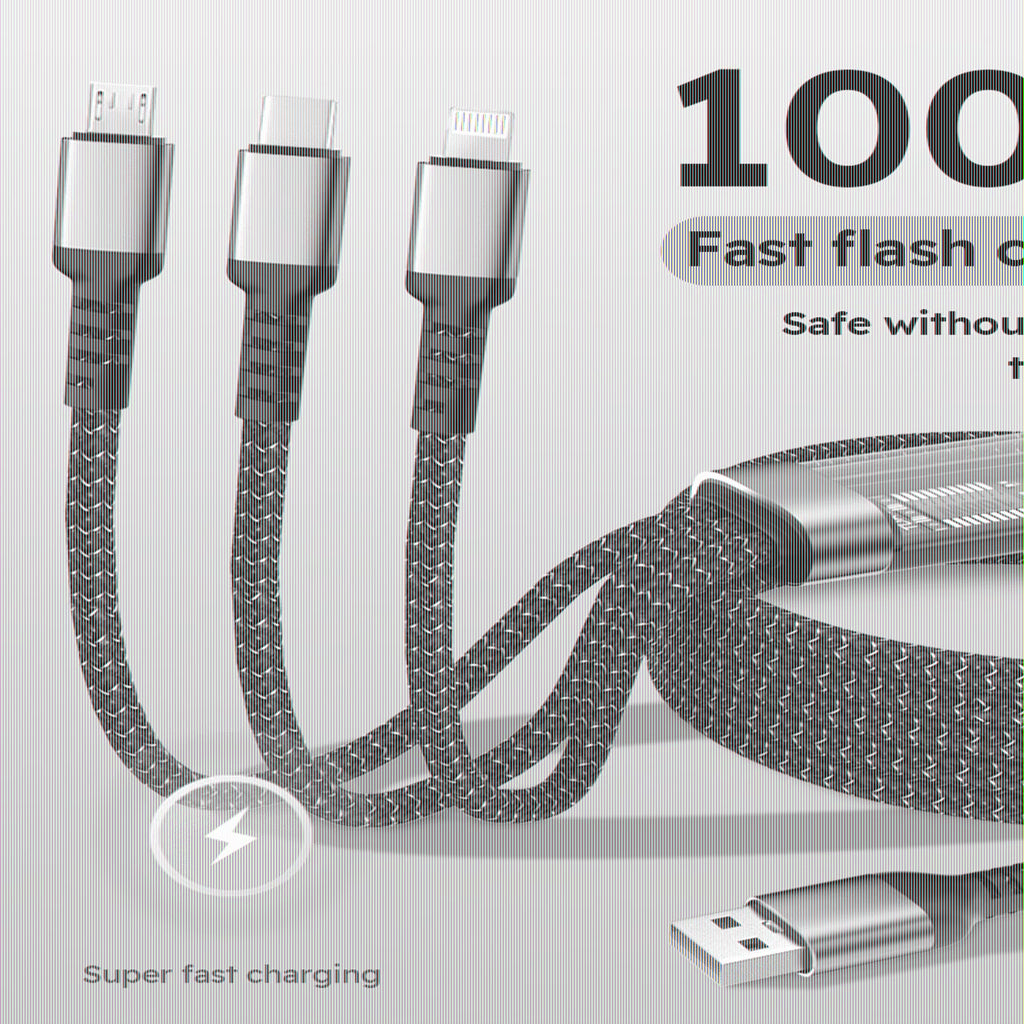 100W 3-In-1 USB Charger Cord Cell Phone Charging Cable Fast Charging Data Cable, Black