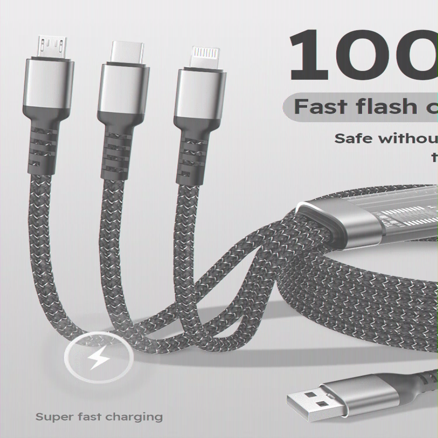 100W 3-In-1 USB Charger Cord Cell Phone Charging Cable Fast Charging Data Cable, Black