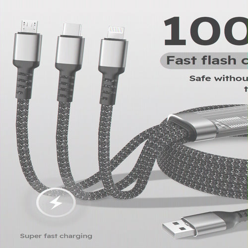 100W 3-In-1 USB Charger Cord Cell Phone Charging Cable Fast Charging Data Cable, Black