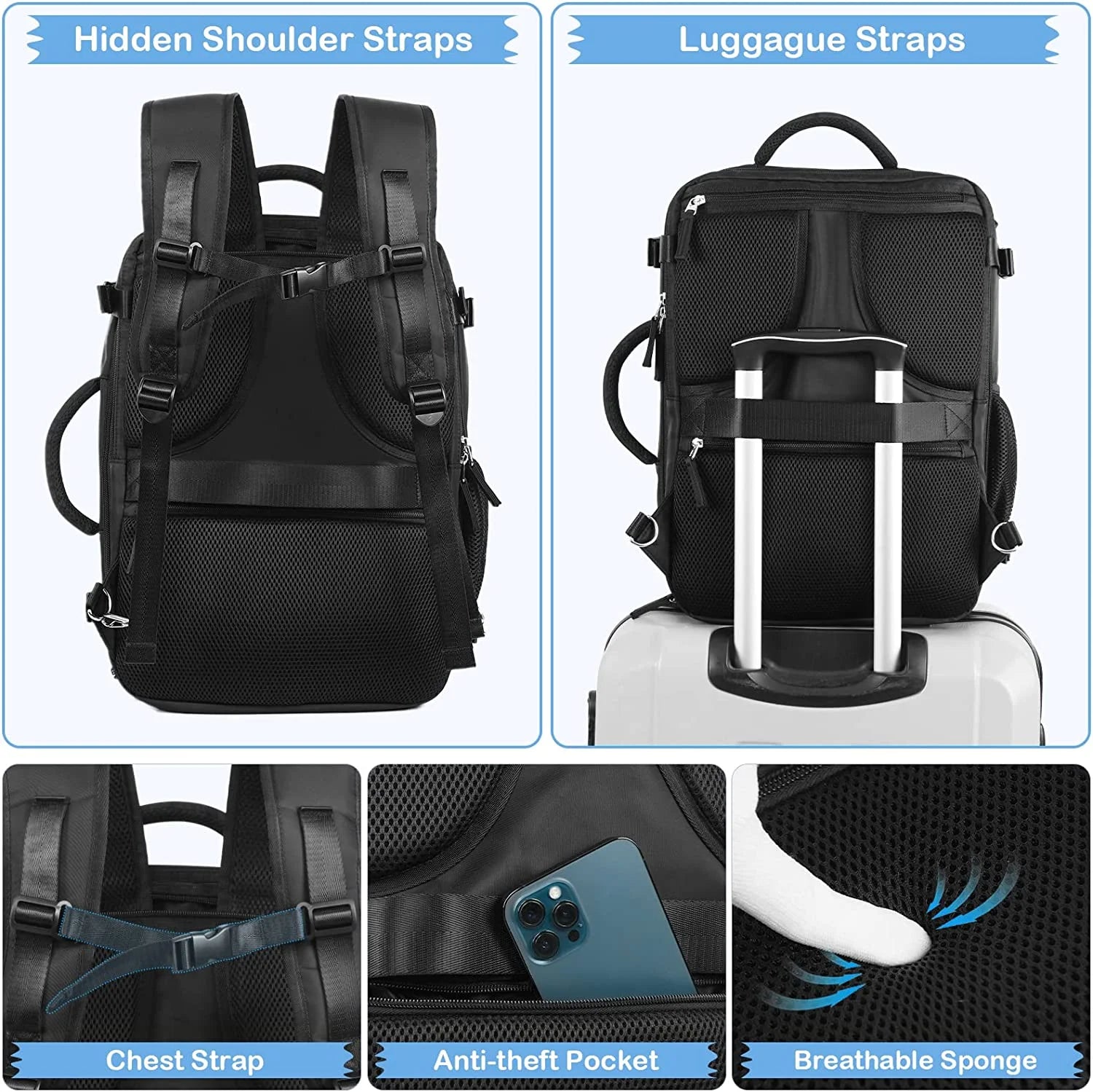 Dwelke Extra Large Travel Backpack for Women as Person Item Flight Approved, 40L Carry on Backpack, 17 Inch Laptop Backpack, Waterproof Backpack, Hiking Backpack, Casual Bag Backpack(Black)