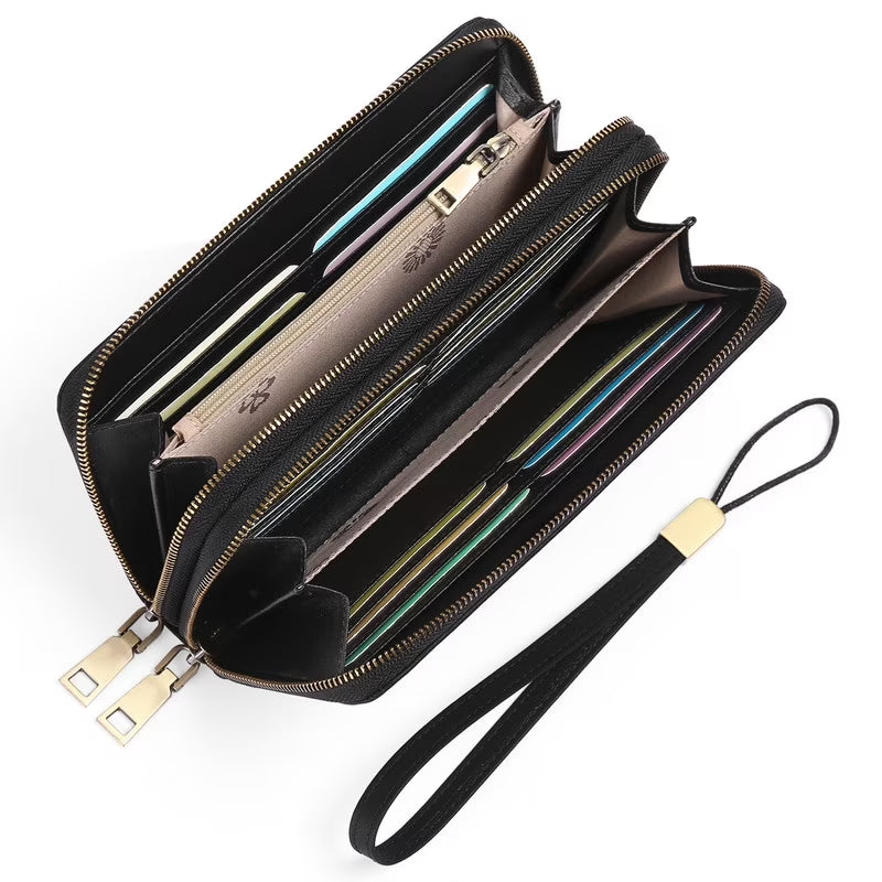 Wallet for Women Clutch RFID Blocking Wristlet Leather Purse Large Capacity Credit Card Holder with Grip Hand Strap