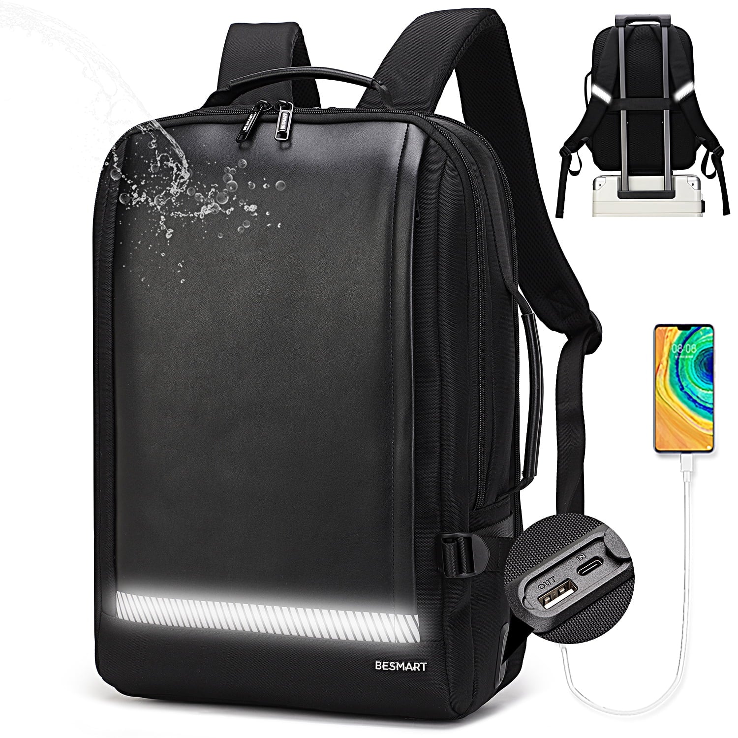 BE SMART Waterproof Expandable Laptop Backpack with Type-C/Usb Charging Port & Trolley Sleeve, Shockproof 15.6 Inch Computer Bag for Men Women, Boarding Casual Daypack for Travel/Business/Work, Black