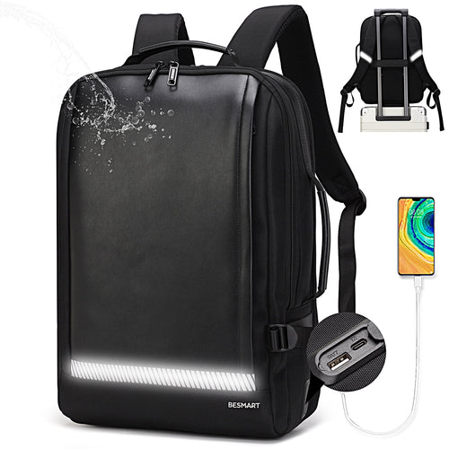 BE SMART Waterproof Expandable Laptop Backpack with Type-C/Usb Charging Port & Trolley Sleeve, Shockproof 15.6 Inch Computer Bag for Men Women, Boarding Casual Daypack for Travel/Business/Work, Black