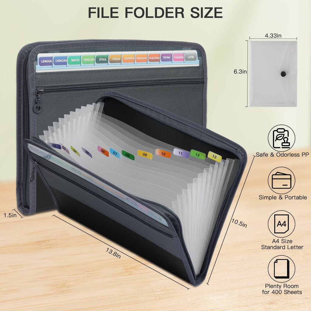 Accordion File Organizer with Zipper 13-Pocket, A7 Transparent Document Bag, Waterproof Document Storage for Home, Office, School
