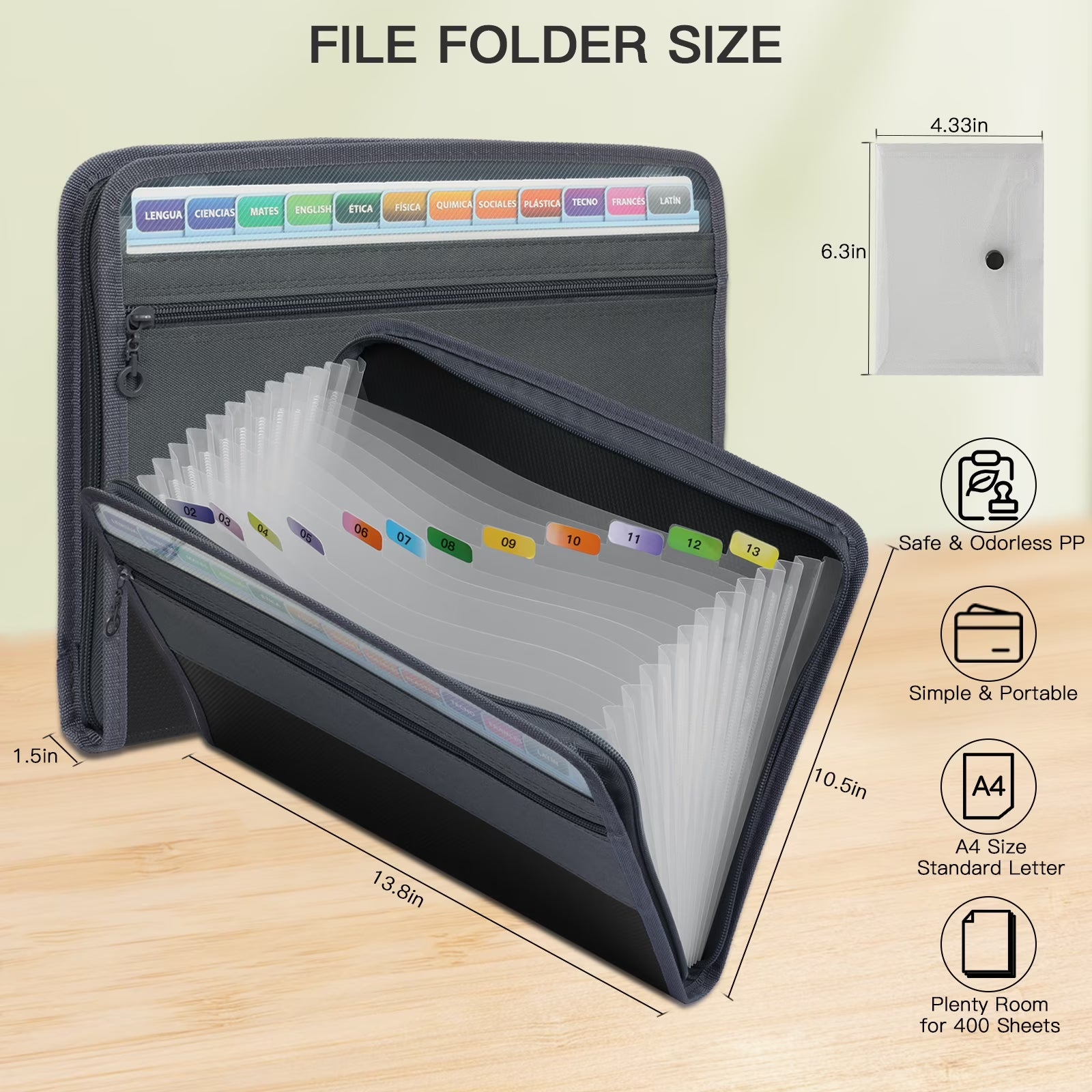 Accordion File Organizer with Zipper 13-Pocket, A7 Transparent Document Bag, Waterproof Document Storage for Home, Office, School