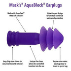 Aquablock Swimming Earplugs, 3 Pair - Comfortable, Waterproof, Reusable Silicone Ear Plugs for Swimming, Snorkeling, Showering, Surfing and Bathing (Purple)