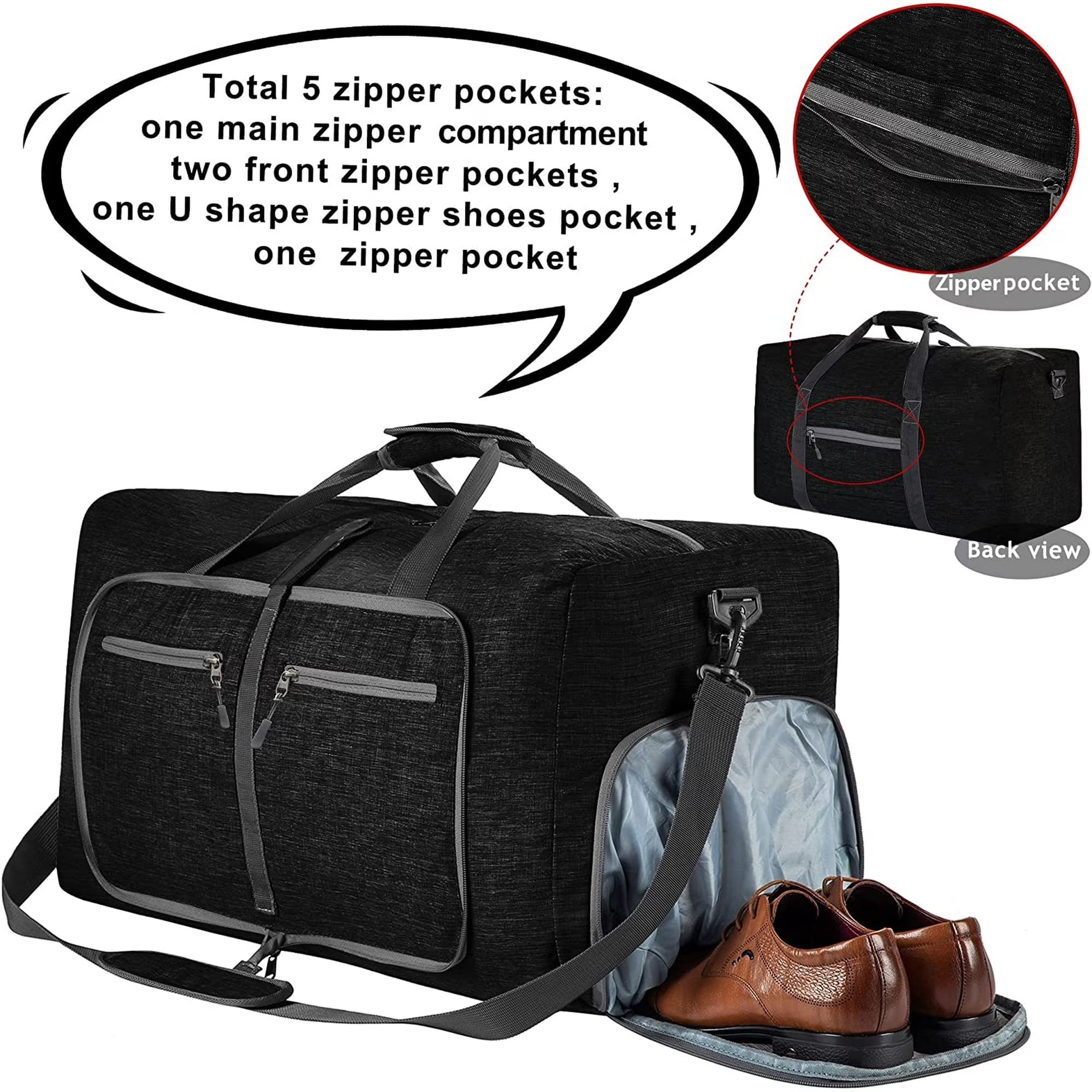28" Travel Duffle Bag for Men, 80L Foldable Travel Duffel Bag with Shoes Compartment, Overnight Bag for Men Women Waterproof & Tear Resistant, Travel Bag for Traveling Camping Touring, Black