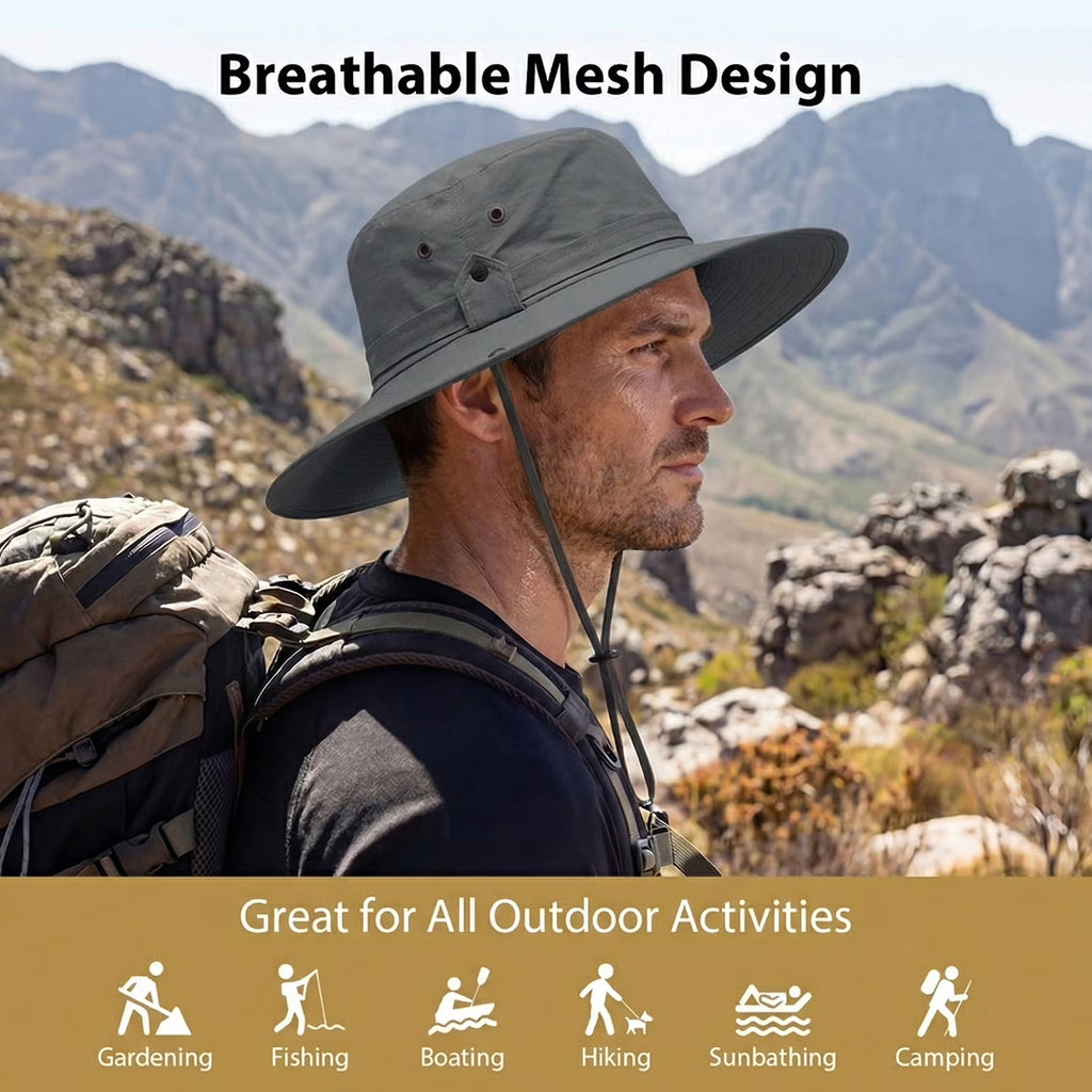 Sun Hat for Men Sun Protection Wide Brim Bucket Hat Waterproof Breathable Packable Boonie Hat for Fishing Grey