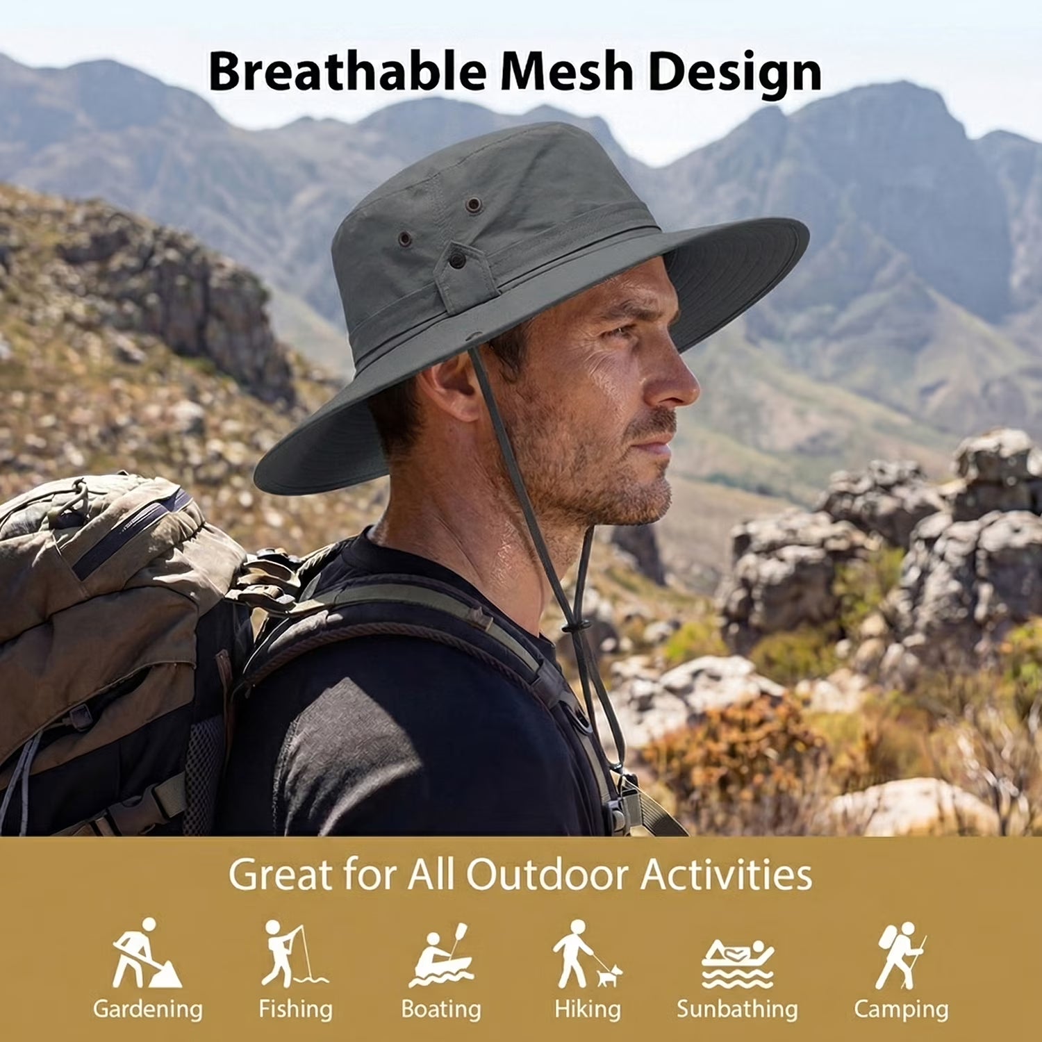 Sun Hat for Men Sun Protection Wide Brim Bucket Hat Waterproof Breathable Packable Boonie Hat for Fishing Grey