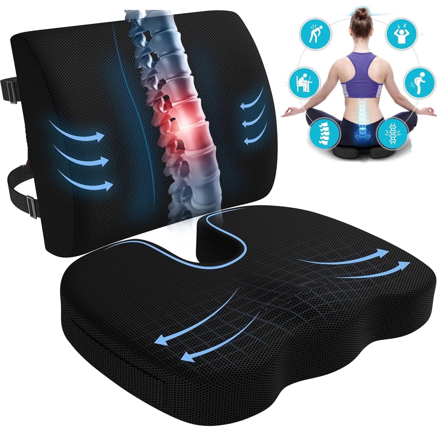 Seat Cushion and Lumbar Support Pillow for Office Chair, Memory Foam Car Seat Cushions Back Support Pillows, Help Relieve Pain of Back, Lumbar, Tailbone and Sciatic Nerve (Black)