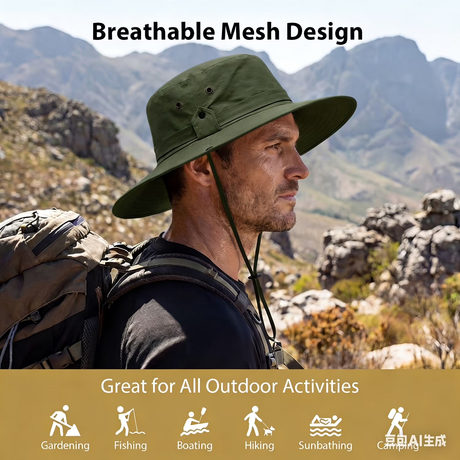 Sun Hat for Men Sun Protection Wide Brim Bucket Hat Waterproof Breathable Packable Boonie Hat for Fishing Green