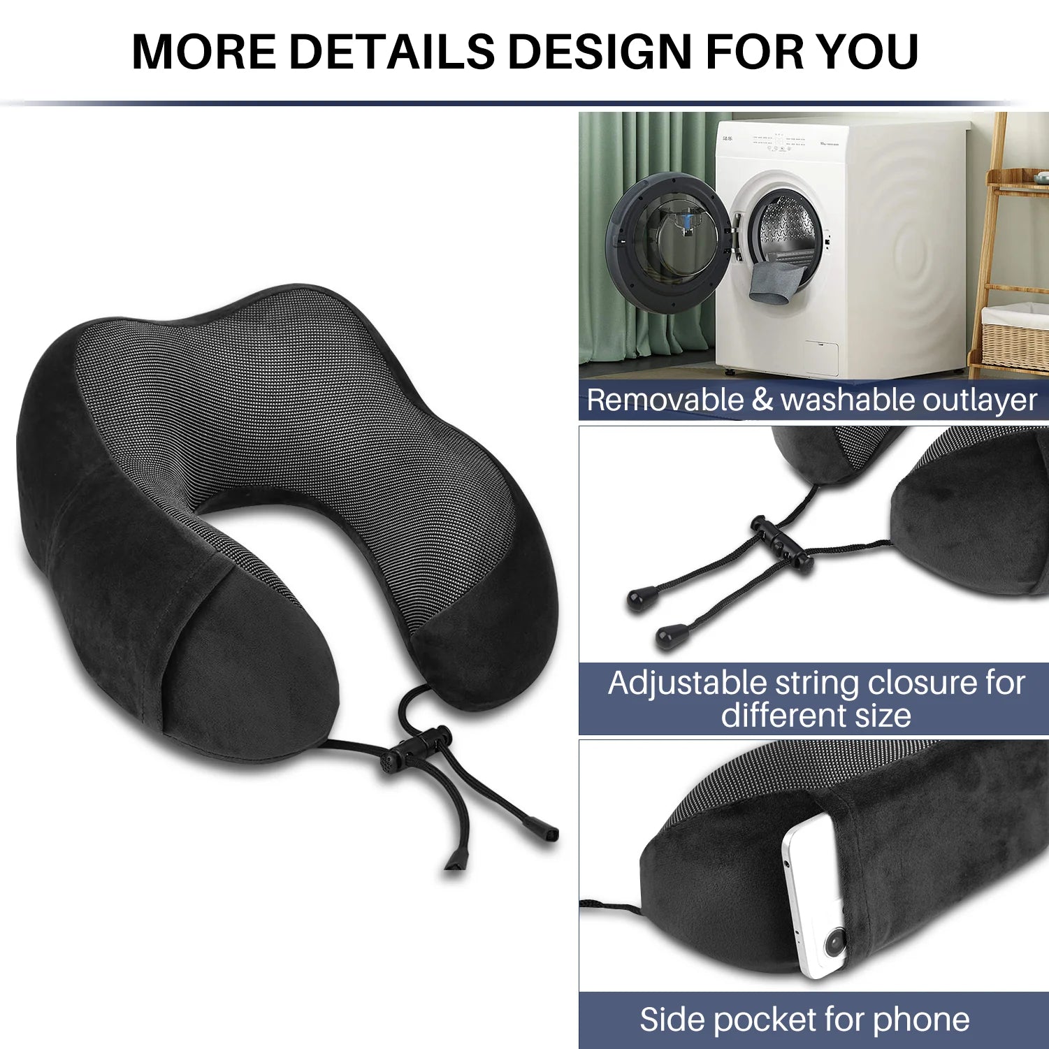 Travel Pillow for Adults Memory Foam Neck Pillows for Sleeping on Airplane Lightweight Black