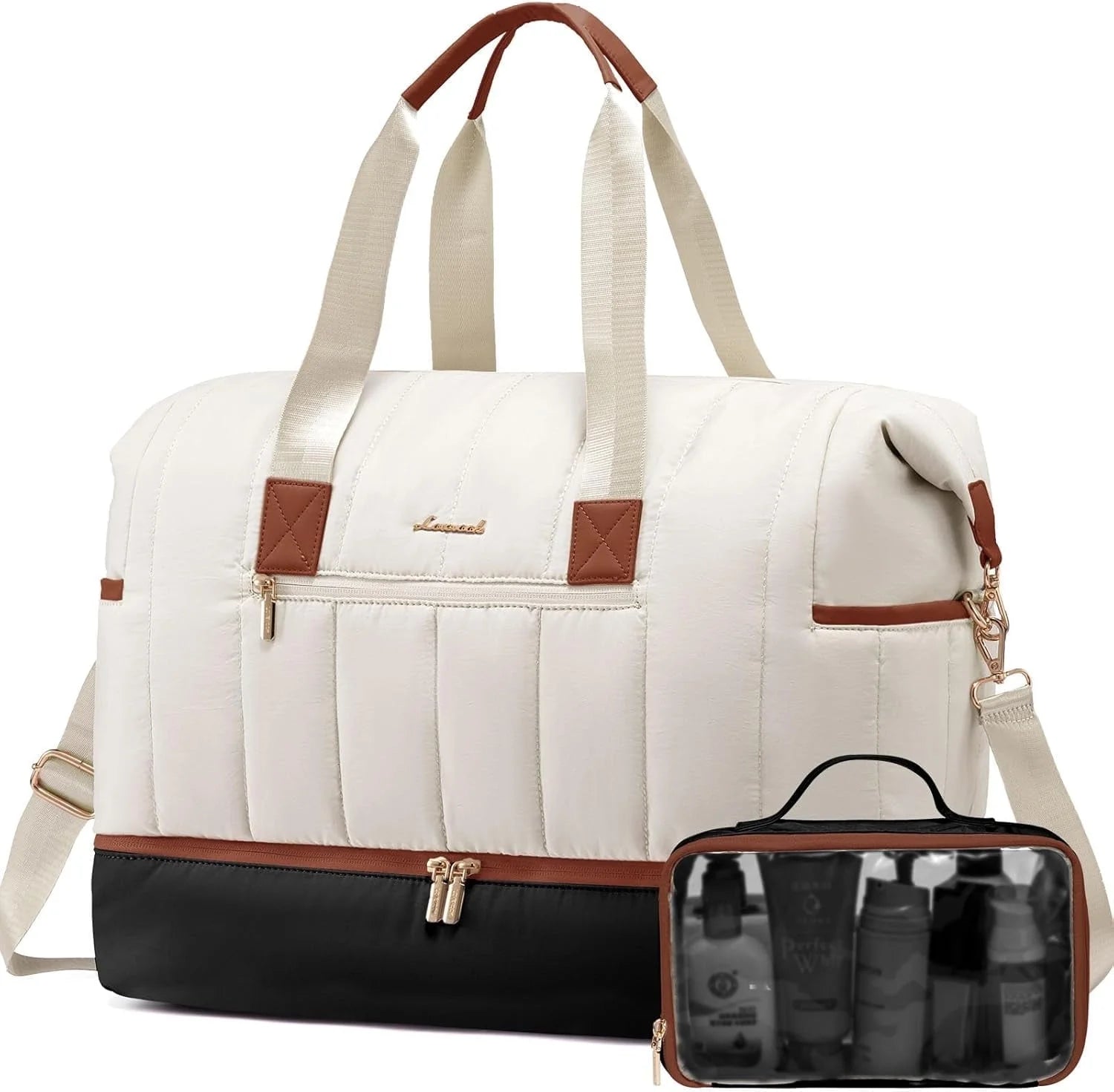 Puffer Duffle Bag, 42L Travel Weekender Overnight Bag with Toiletry Bag, Carry-On Personal Item Bag Hospital Bag Gym Bag with Dry/Wet Separation