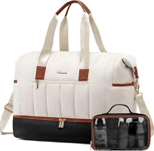 Puffer Duffle Bag, 42L Travel Weekender Overnight Bag with Toiletry Bag, Carry-On Personal Item Bag Hospital Bag Gym Bag with Dry/Wet Separation