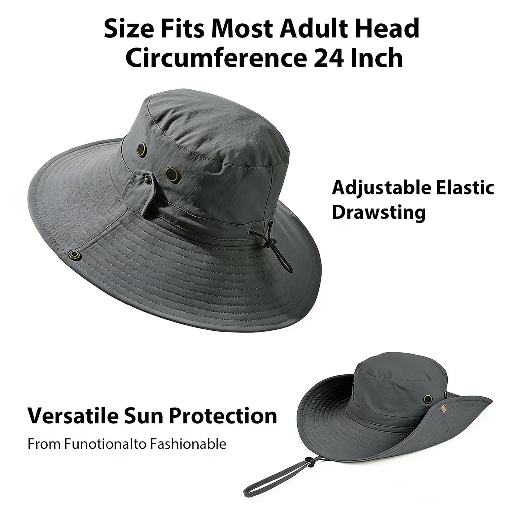 Sun Hat for Men Sun Protection Wide Brim Bucket Hat Waterproof Breathable Packable Boonie Hat for Fishing Grey