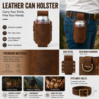 Handmade Full Grain Crazy Horse Leather Drinkware Holster for Belt - 12Oz Hands-Free Beer Can Holder for BBQ, Camping, Gifts for Men