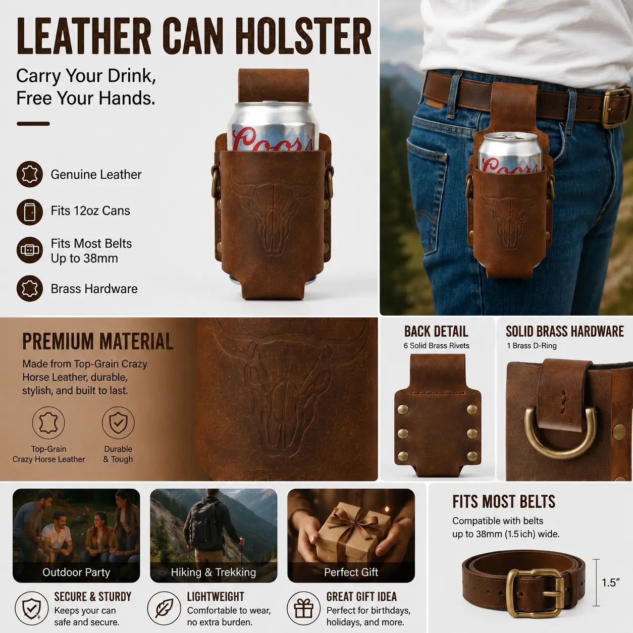 Handmade Full Grain Crazy Horse Leather Drinkware Holster for Belt - 12Oz Hands-Free Beer Can Holder for BBQ, Camping, Gifts for Men