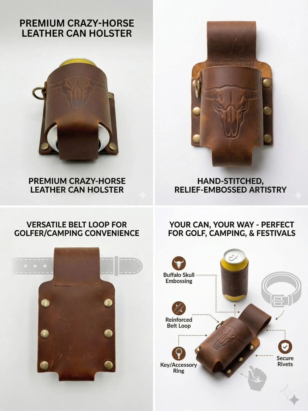 Handmade Full Grain Crazy Horse Leather Drinkware Holster for Belt - 12Oz Hands-Free Beer Can Holder for BBQ, Camping, Gifts for Men