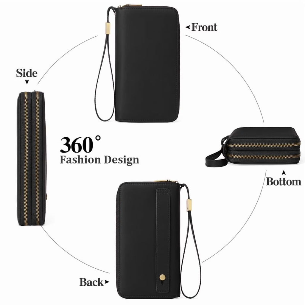 Wallet for Women Clutch RFID Blocking Wristlet Leather Purse Large Capacity Credit Card Holder with Grip Hand Strap
