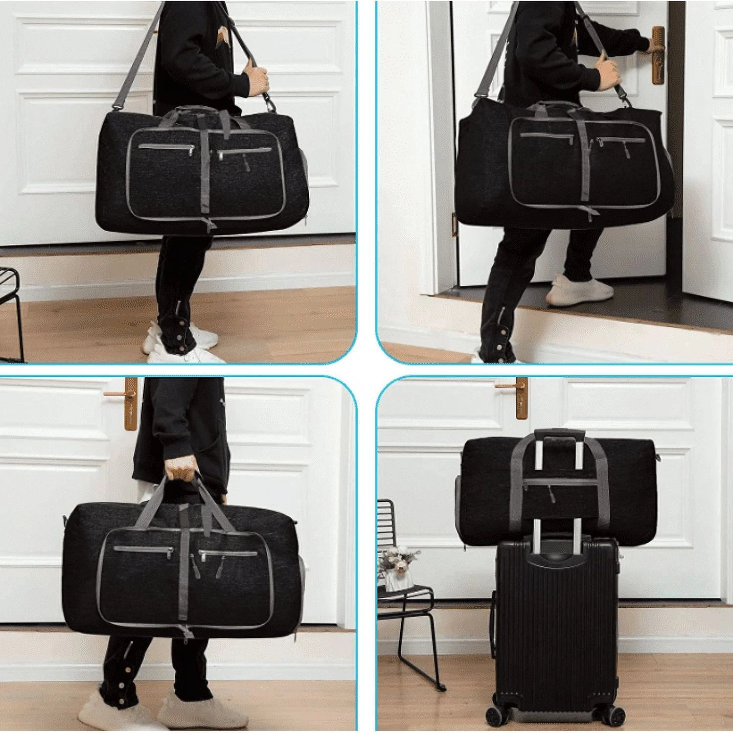 Travel Duffle Bag, 40L Foldable Weekender Bags for Women with Shoe Compartment, Carry on Overnight Bag for Men Women, 20" Gym Travel Bag Water Repellent & Tear Resistant, Black