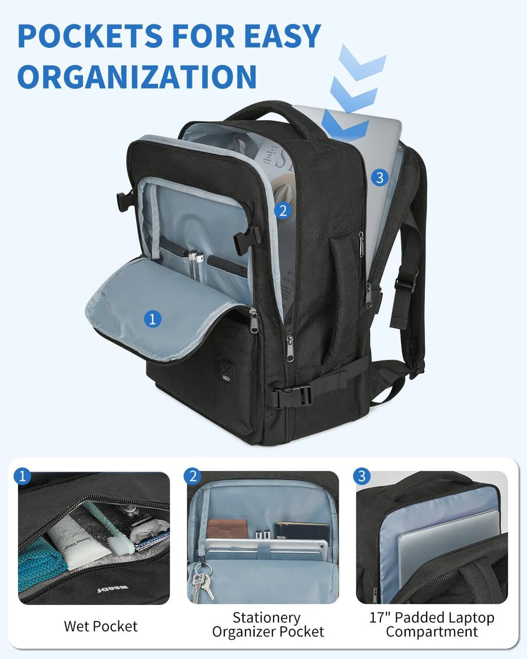 Business Travel Backpack Fits 17 Inch Laptop for Personal Item Bag 18X14X8 Clamshell Opening Carry on Laptop Backpack for Men with Wet Pocket, Black