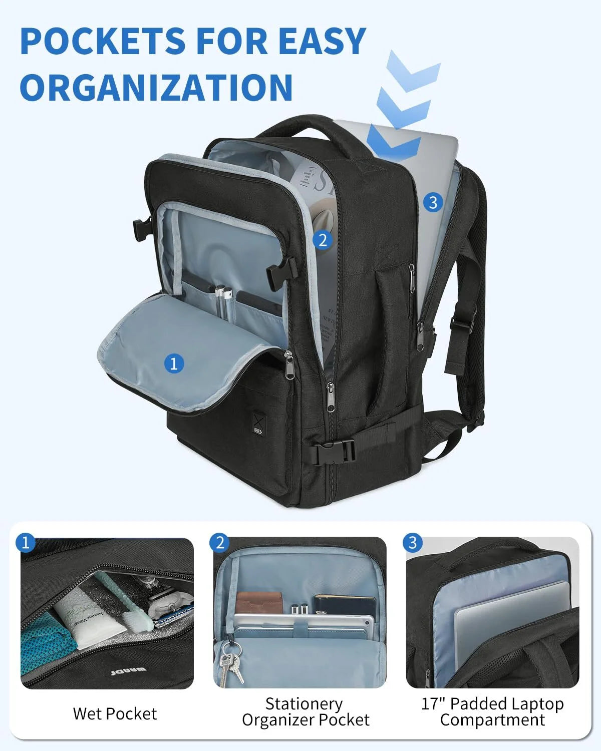 Business Travel Backpack Fits 17 Inch Laptop for Personal Item Bag 18X14X8 Clamshell Opening Carry on Laptop Backpack for Men with Wet Pocket, Black