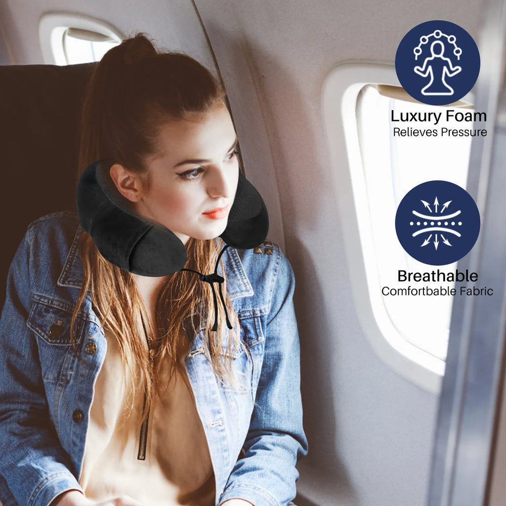 Travel Pillow for Adults Memory Foam Neck Pillows for Sleeping on Airplane Lightweight Black