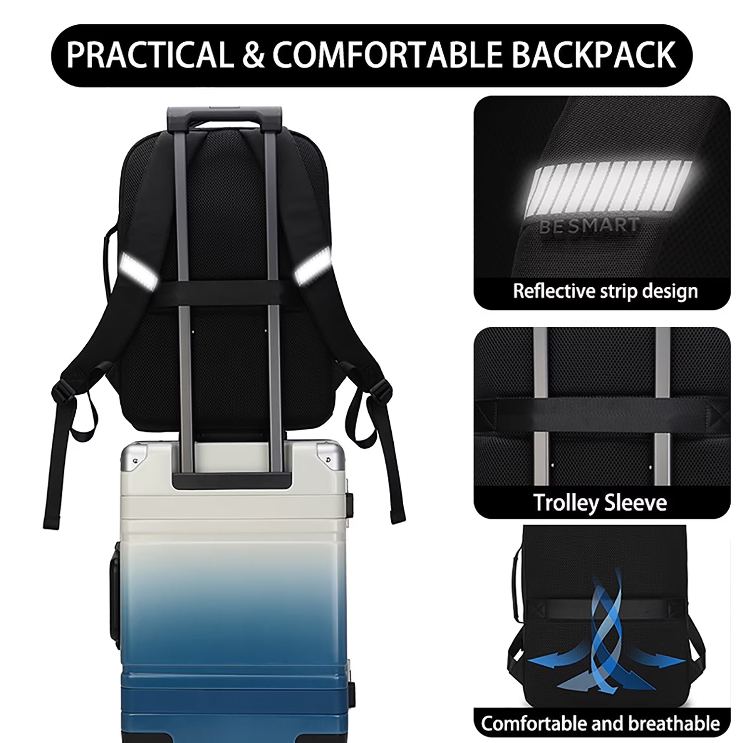 BE SMART Waterproof Expandable Laptop Backpack with Type-C/Usb Charging Port & Trolley Sleeve, Shockproof 15.6 Inch Computer Bag for Men Women, Boarding Casual Daypack for Travel/Business/Work, Black